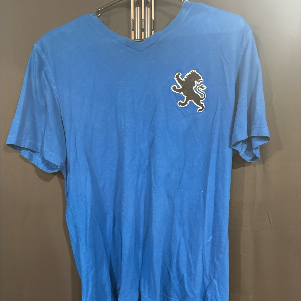 Express Royal Blue V-Neck T-Shirt with Lion Patch
